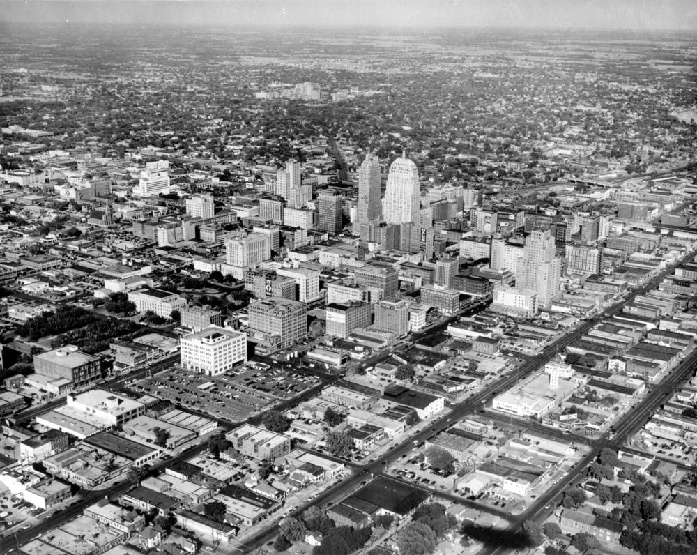 (CHS.2011.01.18) - Aerial View of Downtown from the Southwest, c. 1955