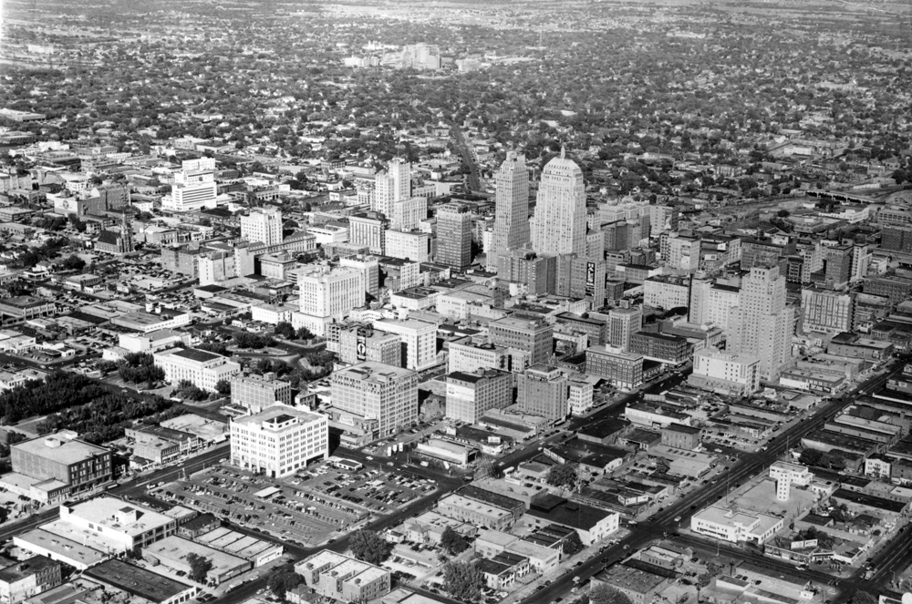 (CHS.2011.01.19) - Aerial View of Downtown from the Southwest, c. late 1950s