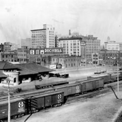 (CHS.2011.01.26) - Birdseye View of Santa Fe Station and Downtown, possibly from top of New State Ice Plant, c. late 1910s