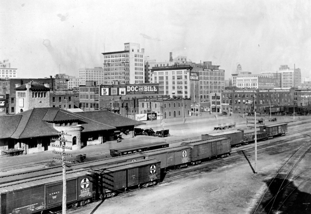 (CHS.2011.01.26) - Birdseye View of Santa Fe Station and Downtown, possibly from top of New State Ice Plant, c. late 1910s