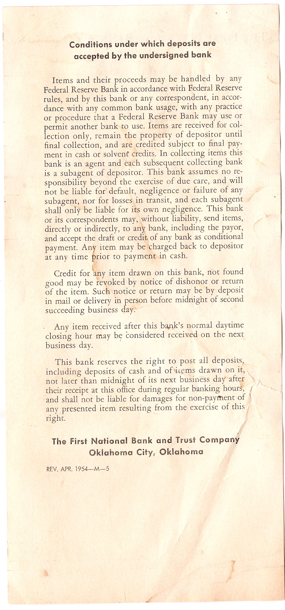 (FNB.2010.16.02) - Reverse of Deposit Slip From First National Bank, 23 September 1955