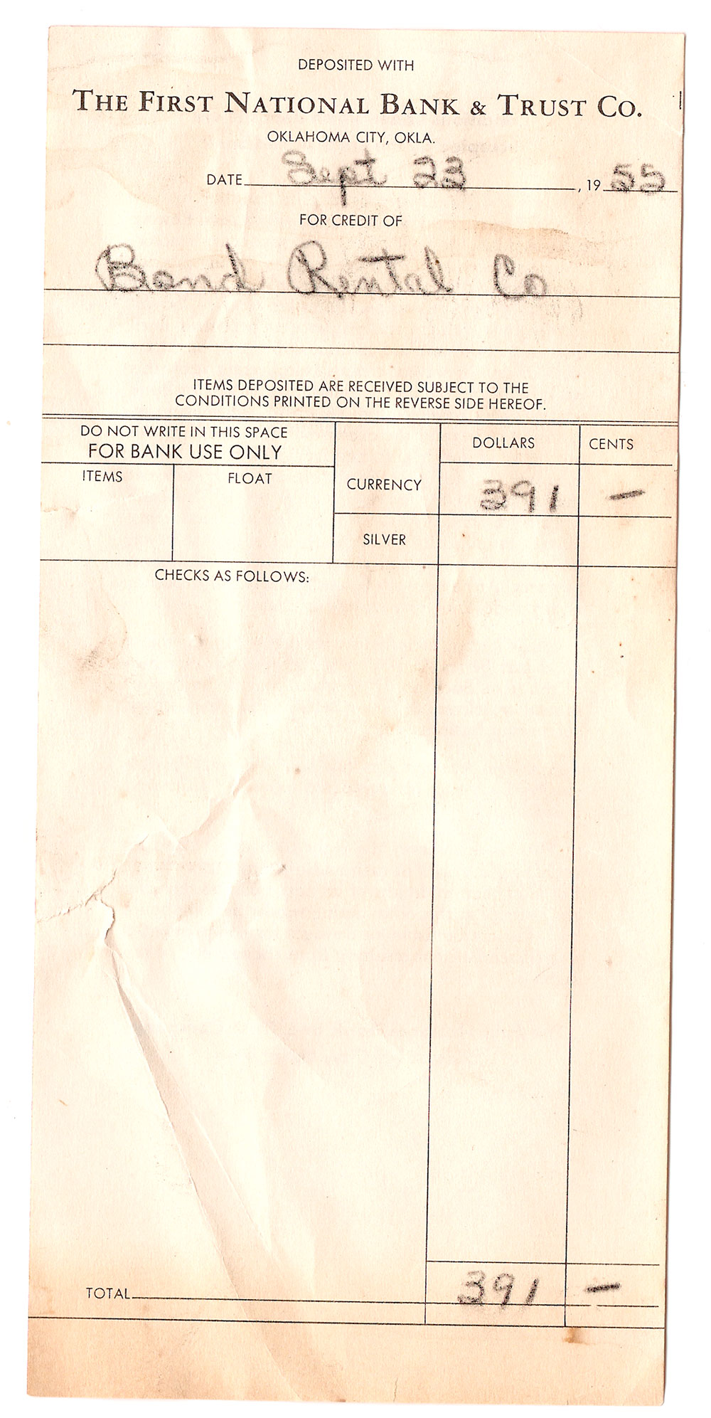 (FNB.2010.16.03) - Deposit Slip From First National Bank, 23 September 1955