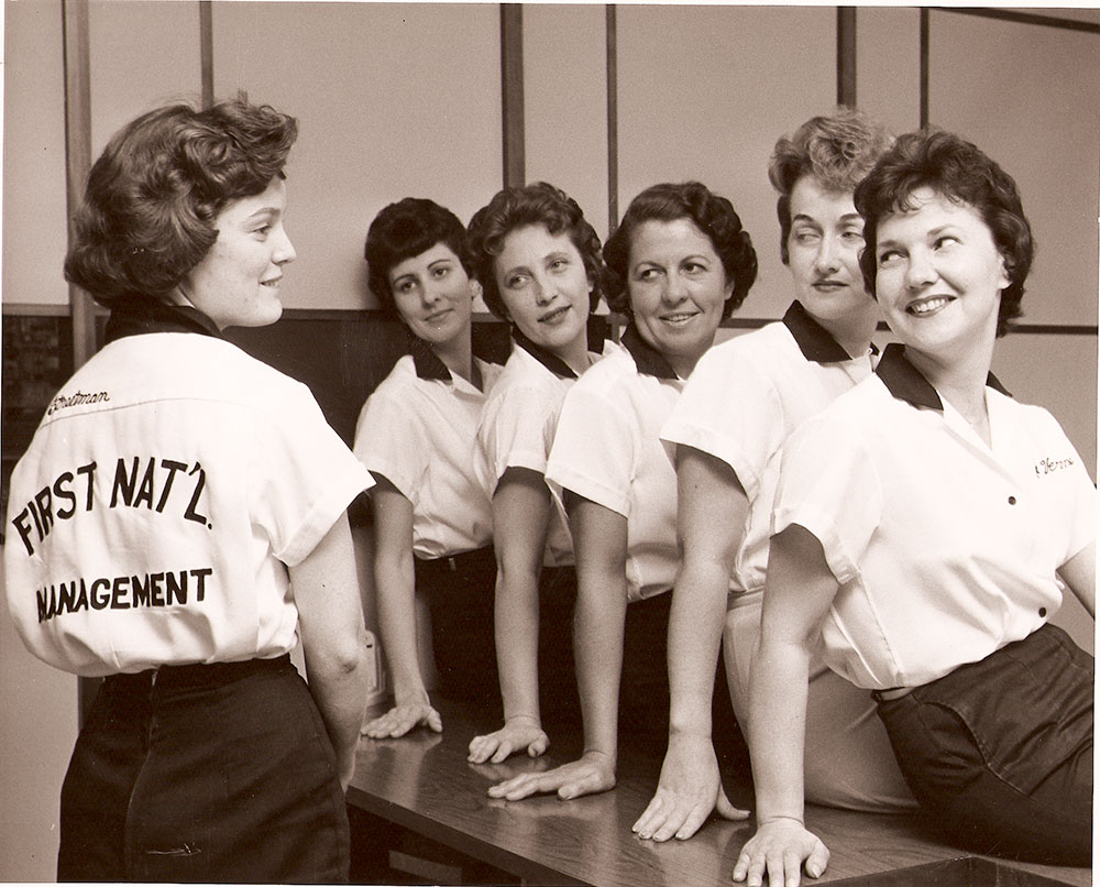 (FNB.2010.6.14) - First National Ladies Bowling Team, (left to right) Sammie Streetman, Bebe McCall, June Hunger, Orlene Blue, Pat Palmer, & Laverne Van Schuefer, September 1960