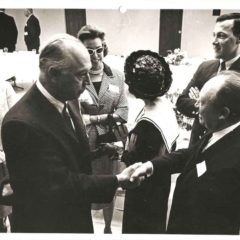 (HTC.2010.7.02) - Attendees at Dedication of Statues, Oklahoma Publishing Company Office Building, North Side, Unit Block of NW 4, c. 14 April 1964