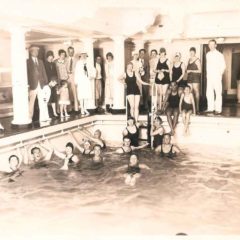 (HTC.2010.8.01) - Indoor Swimming Pool (possibly Hugh M. Johnson, second left, Ethelyn Hightower, third left, children Frank and Phyllis Hightower,