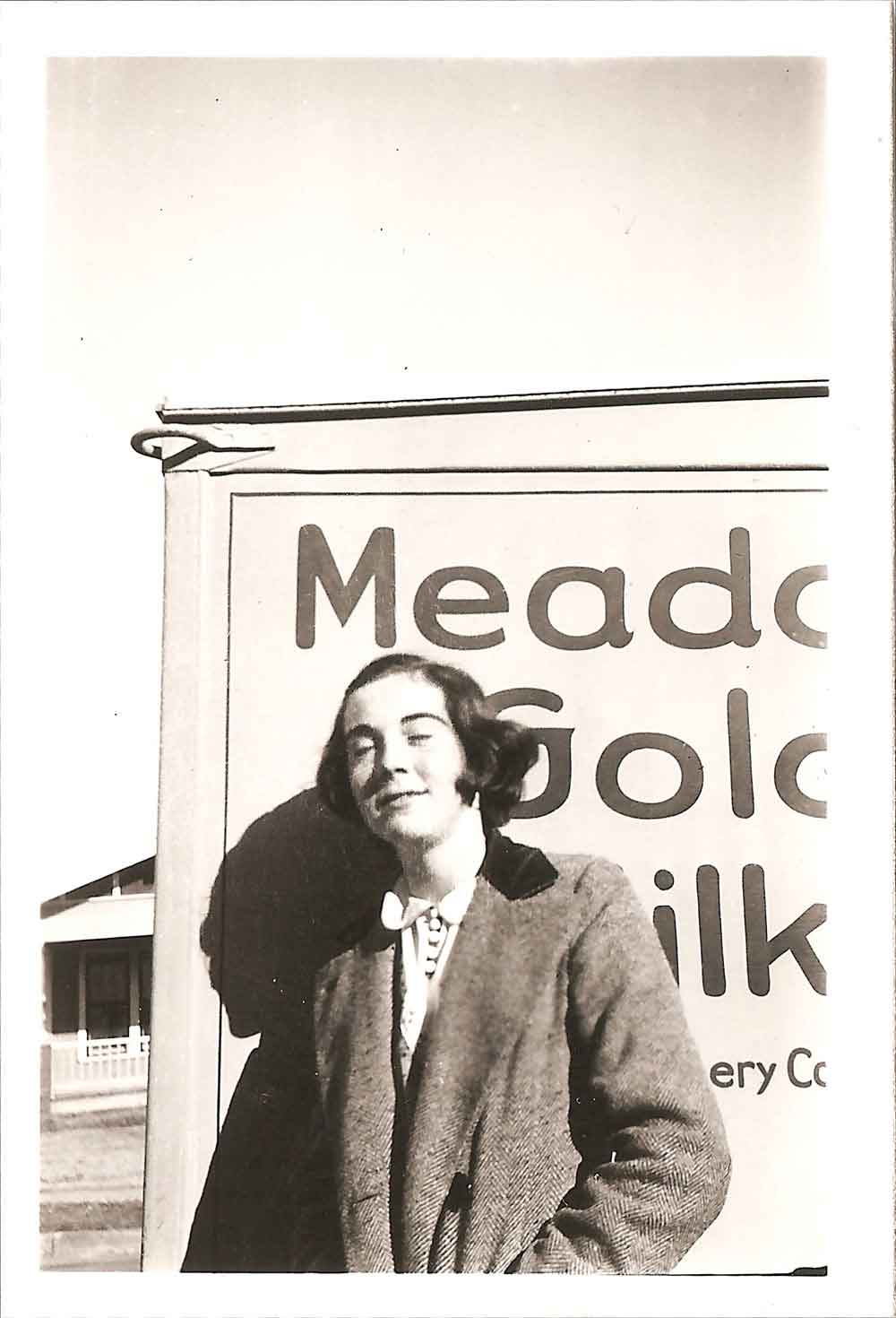 (HTC.2010.8.24) - Phyllis Hightower near Meadow Gold Milk Delivery Truck, c. mid-1930s