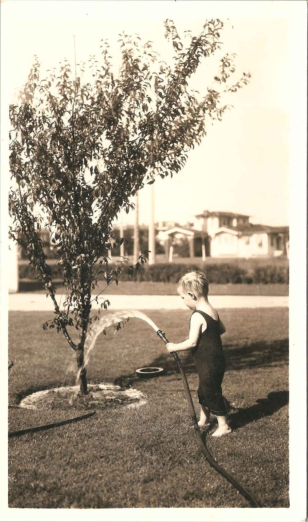 (HTC.2010.8.32) - Boy (probably Frank Hightower) Watering Tree on Lawn of Wilbur E. Hightower Home, 409 NW 21, c. 1926