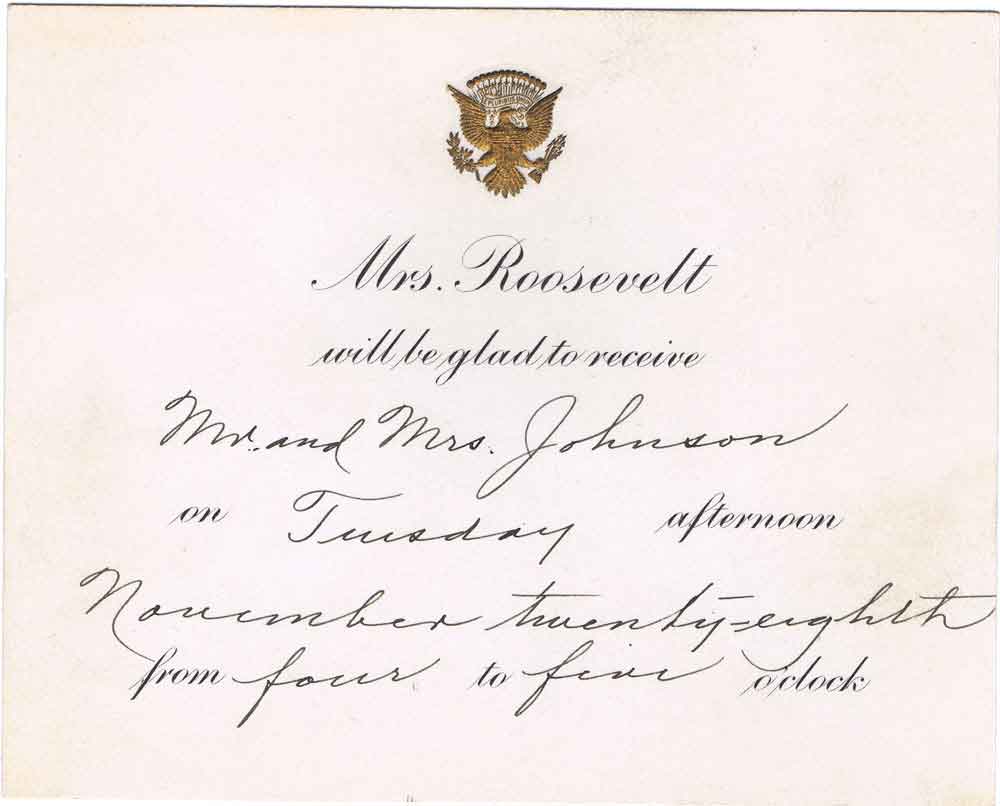 (HTC.2010.8.43) - Appointment Card Announcing Frank and Alda Johnson to Eleanor Roosevelt, 28 Nov 1933