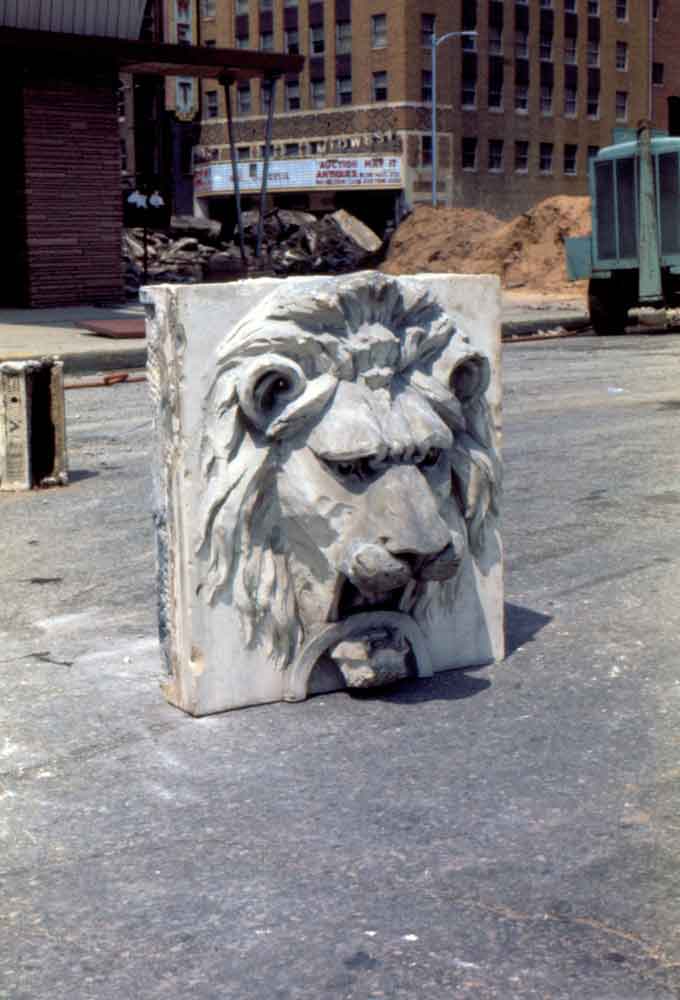 (KMC.2011.2.06) - Stone Lion Removed from Globe Life Building, 311 W Sheridan, c.1975