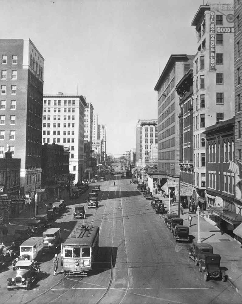 (OMC.2012.1.09) - View North on Broadway from Grand (atop Culbertson Building), c. 1930s