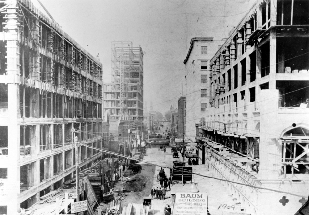 (CHS.2011.01.69) - Three Buildings under Construction, Robinson Ave view N from Grand, c. 1909