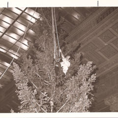 (FNB.2010.2.11) - Man Lifting Christmas Tree into Place, Great Banking Hall, First National Center, c. 1974