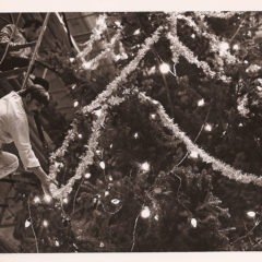 (FNB.2010.2.06) - Two Men Hang Garland on Christmas Tree in the Great Banking Hall, First National Center, c. 1974