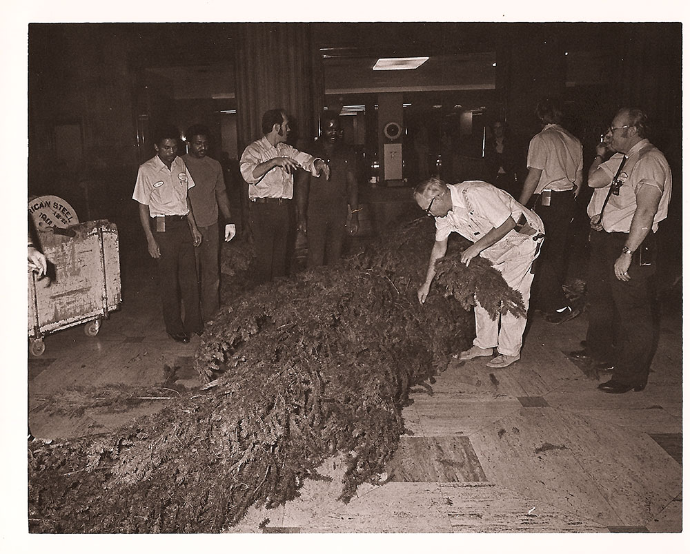 (FNB.2010.2.09) - Christmas Tree Prepped for Assembly in the Great Banking Hall, First National Center, c. 1974
